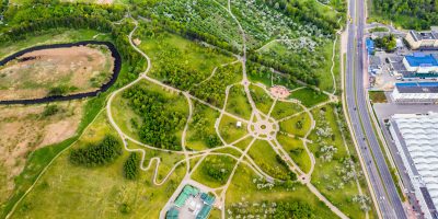 View from the height of the loshitsky Park in Minsk.Winding paths in loshitsky Park.Belarus.Apple orchard.